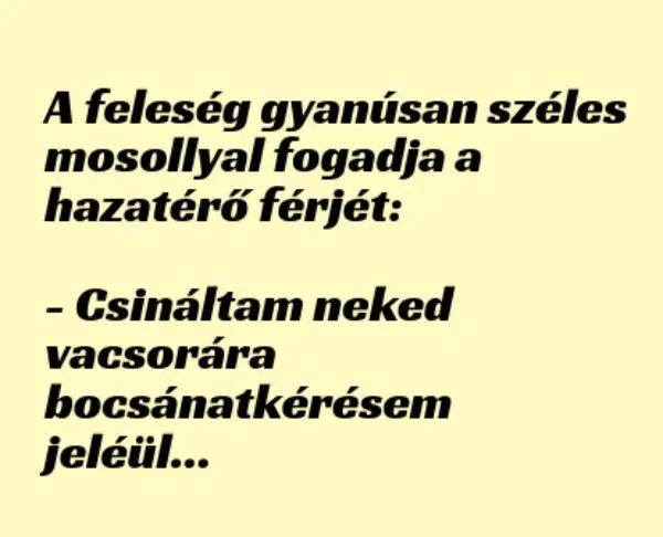 Vicc: A feleség gyanúsan széles mosollyal fogadja a hazatérő férjét: