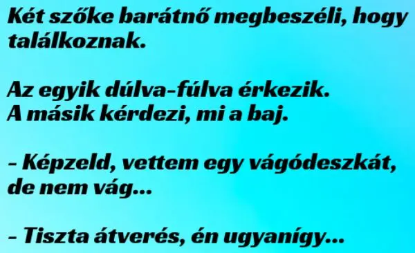 Vicc: Két szőke barátnő találkozik. Az egyik dúlva-fúlva érkezik. A
