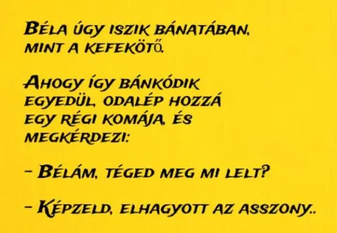 Béla úgy iszik bánatában, mint a kefekötő. Odalép hozzá egy
