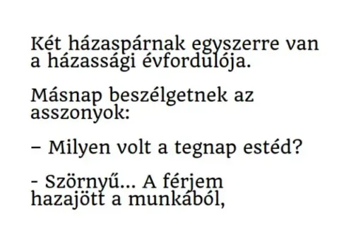 Vicc: Két házaspárnak egyszerre van a házassági évfordulója. Másnap beszélgetnek