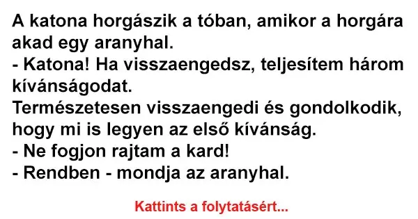 A katona horgászik a tóban, amikor a horgára akad egy