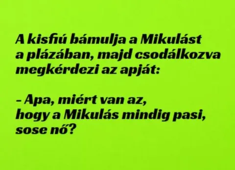 Vicc: A kisfiú bámulja a Mikulást a plázában, majd csodálkozva