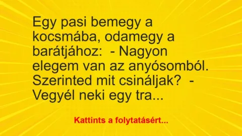 Vicc: Egy pasi bemegy a kocsmába, odamegy a barátjához:

– Nagyon elegem van az…