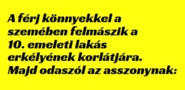 A férj könnyekkel a szemében felmászik a 10. emeleti lakás A férj könnyekkel a szemében felmászik a 10. emeleti lakás erkélyének korlátjára. – …