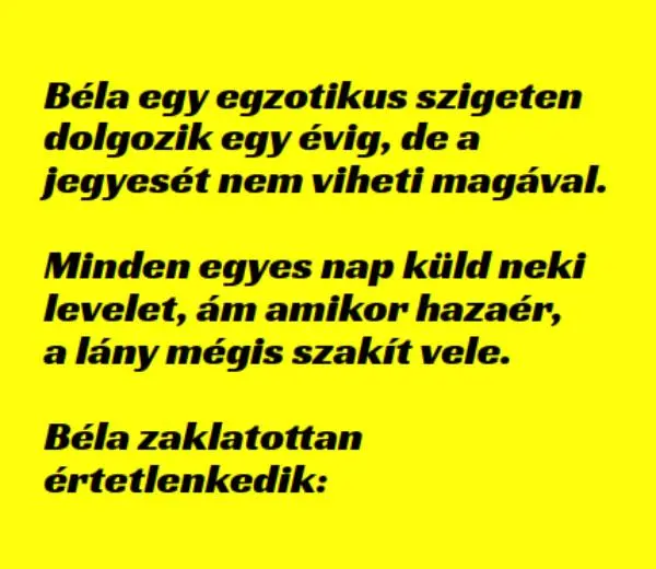 Béla egy egzotikus szigeten dolgozik egy évig, de a jegyesét