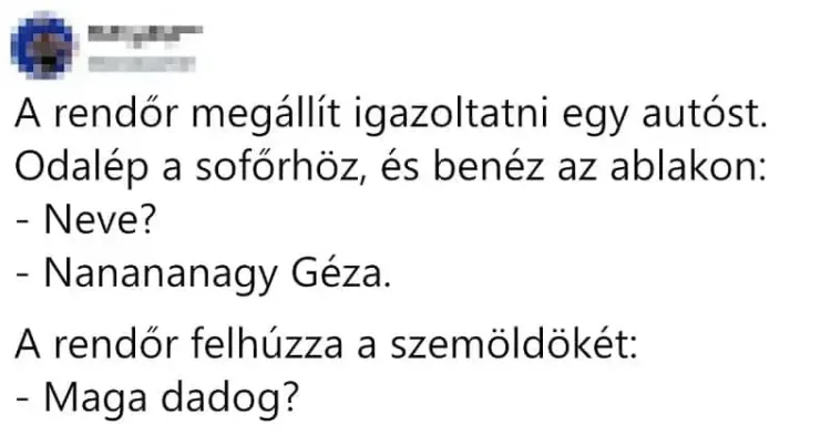 Vicc: A rendőr megállít igazoltatni egy autóst... Vicc: A rendőr megállít igazoltatni egy autóst…