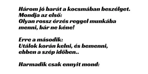 Vicc: Három jó barát a kocsmában beszélget a munkába járásról – …