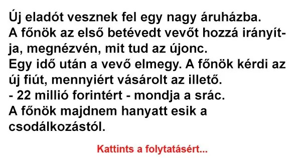 Vicc: Új eladót vesznek fel egy nagy áruházba... Vicc: Új eladót vesznek fel egy nagy áruházba…