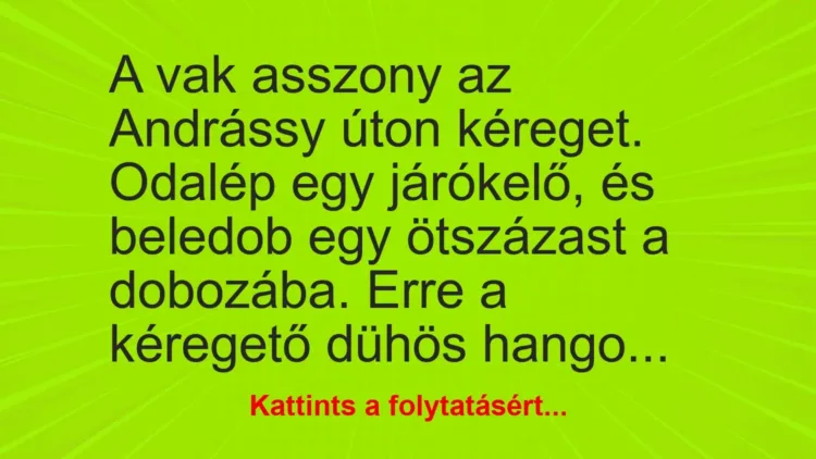A vak asszony az Andrássy úton kéreget. Odalép egy járókelő – … A vak asszony az Andrássy úton kéreget. Odalép egy járókelő – …