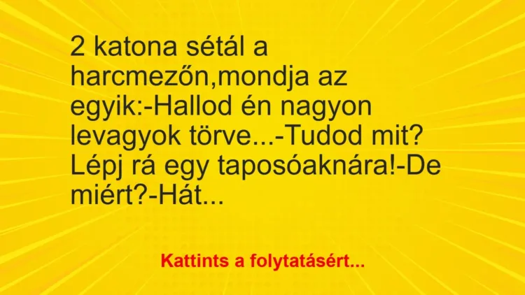 Vicc: 2 katona sétál a harcmezőn,mondja az egyik:-Hallod én nagyon levagyok… Vicc: 2 katona sétál a harcmezőn,mondja az egyik:-Hallod én nagyon levagyok…