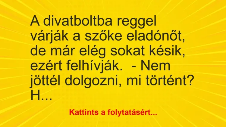 Vicc: A divatboltba reggel várják a szőke eladónőt, de már elég sokat késik, ezért… Vicc: A divatboltba reggel várják a szőke eladónőt, de már elég sokat késik, ezért…