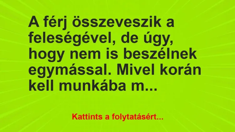 Vicc: A férj összeveszik a feleségével, de úgy, hogy nem is beszélnek egymással. Mivel… Vicc: A férj összeveszik a feleségével, de úgy, hogy nem is beszélnek egymással. Mivel…