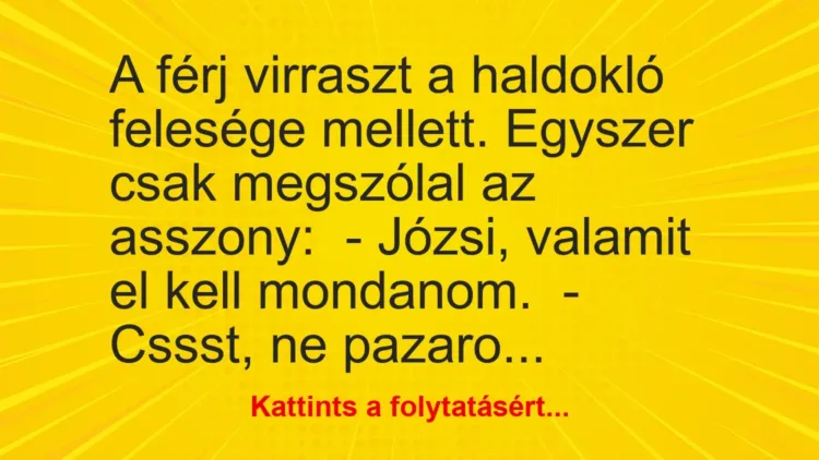 Vicc: A férj virraszt a haldokló felesége mellett. Egyszer csak megszólal az… Vicc: A férj virraszt a haldokló felesége mellett. Egyszer csak megszólal az…