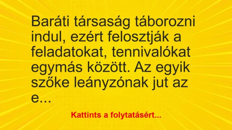 Vicc: Baráti társaság táborozni indul, ezért felosztják a feladatokat, tennivalókat… Vicc: Baráti társaság táborozni indul, ezért felosztják a feladatokat, tennivalókat…