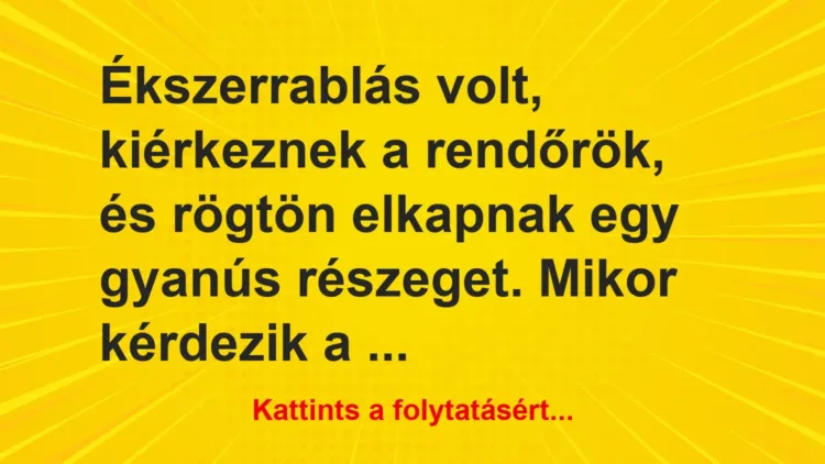 Vicc: Ékszerrablás volt, kiérkeznek a rendőrök, és rögtön elkapnak egy gyanús… Vicc: Ékszerrablás volt, kiérkeznek a rendőrök, és rögtön elkapnak egy gyanús…
