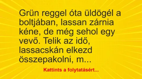Vicc: Grün reggel óta üldögél a boltjában, lassan zárnia kéne, de még sehol egy vevő….