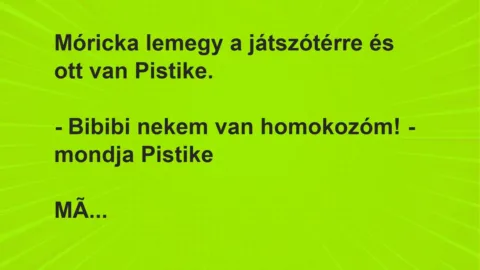 Vicc: Móricka lemegy a játszótérre és ott van Pistike.

– Bibibi nekem van…