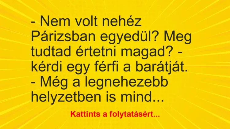 Vicc: – Nem volt nehéz Párizsban egyedül? Meg tudtad értetni magad? – kérdi egy férfi… Vicc: – Nem volt nehéz Párizsban egyedül? Meg tudtad értetni magad? – kérdi egy férfi…