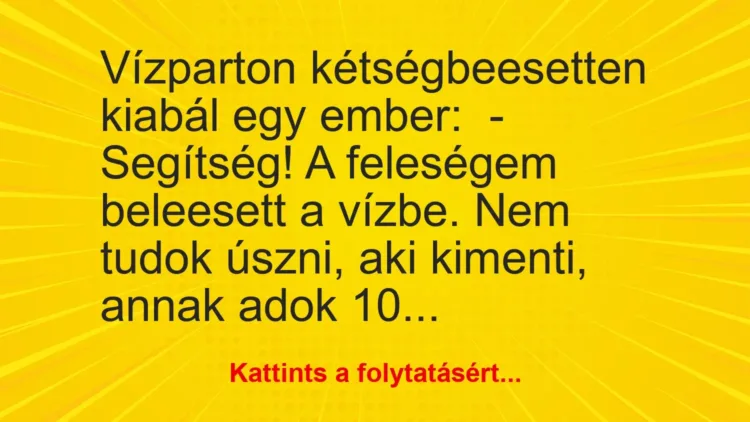Vicc: Vízparton kétségbeesetten kiabál egy ember:
– Segítség! A feleségem… Vicc: Vízparton kétségbeesetten kiabál egy ember:
– Segítség! A feleségem…