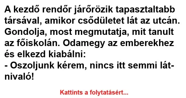 Vicc: A kezdő rendőr járőrözik tapasztaltabb társával... Vicc: A kezdő rendőr járőrözik tapasztaltabb társával…