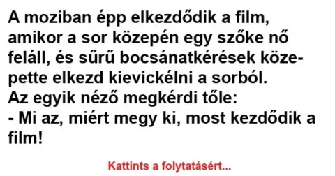 Vicc: A moziban épp elkezdődik a film, amikor a sor Vicc: A moziban épp elkezdődik a film, amikor a sor közepén egy szőke nő feláll…