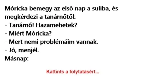 Vicc: Móricka bemegy az első nap a suliba, és megkérdezi a tanárnőtől:…