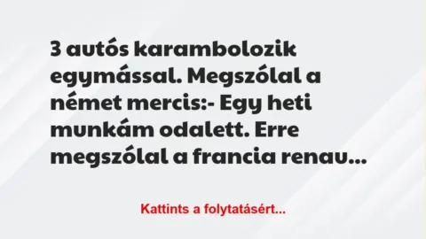 Vicc: 3 autós karambolozik egymással. Megszólal a német mercis:
– Egy… Vicc: 3 autós karambolozik egymással. Megszólal a német mercis:
– Egy…