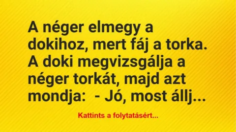 Vicc: A néger elmegy a dokihoz, mert fáj a torka. A doki megvizsgálja a… Vicc: A néger elmegy a dokihoz, mert fáj a torka. A doki megvizsgálja a…