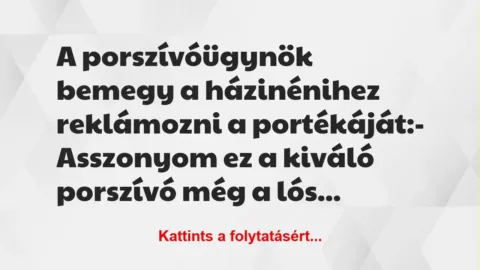 Vicc: A porszívóügynök bemegy a házinénihez reklámozni a portékáját:
-… Vicc: A porszívóügynök bemegy a házinénihez reklámozni a portékáját:
-…