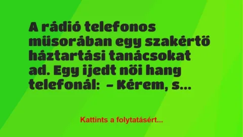 Vicc: A rádió telefonos műsorában egy szakértő háztartási tanácsokat ad. Egy… Vicc: A rádió telefonos műsorában egy szakértő háztartási tanácsokat ad. Egy…