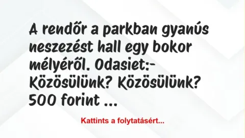 Vicc: A rendőr a parkban gyanús neszezést hall egy bokor mélyéről. Odasiet:

-…