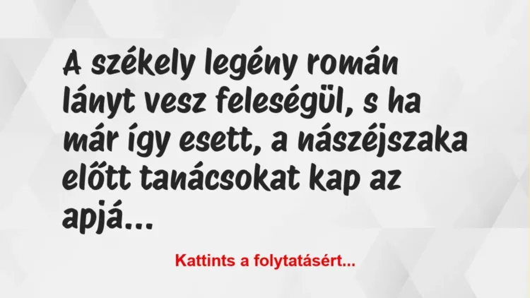 Vicc: A székely legény román lányt vesz feleségül, s ha már így esett, a nászéjszaka… Vicc: A székely legény román lányt vesz feleségül, s ha már így esett, a nászéjszaka…