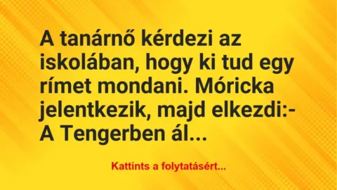 Vicc: A tanárnő kérdezi az iskolában, hogy ki tud egy rímet mondani. Móricka… Vicc: A tanárnő kérdezi az iskolában, hogy ki tud egy rímet mondani. Móricka…