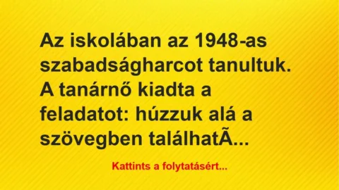 Vicc: Az iskolában az 1948-as szabadságharcot tanultuk. A tanárnő kiadta a… Vicc: Az iskolában az 1948-as szabadságharcot tanultuk. A tanárnő kiadta a…