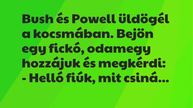 Vicc: Bush és Powell üldögél a kocsmában. Bejön egy fickó, odamegy hozzájuk és… Vicc: Bush és Powell üldögél a kocsmában. Bejön egy fickó, odamegy hozzájuk és…