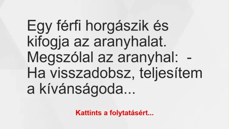 Vicc: Egy férfi horgászik és kifogja az aranyhalat. Megszólal az aranyhal:
– Ha… Vicc: Egy férfi horgászik és kifogja az aranyhalat. Megszólal az aranyhal:
– Ha…