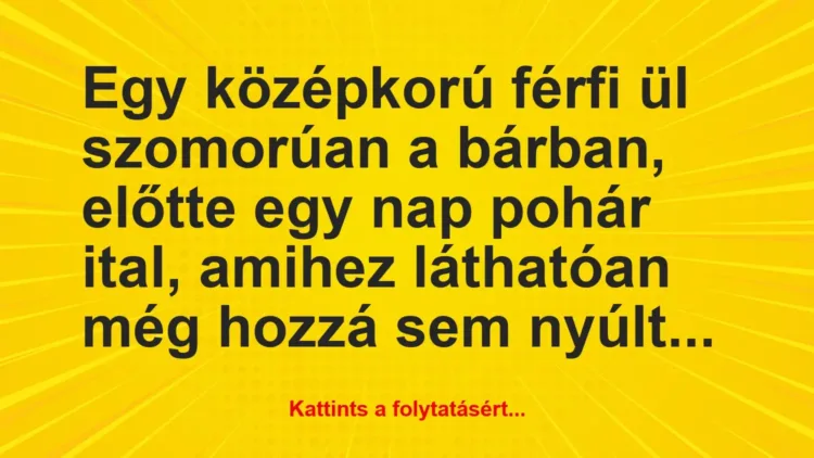 Vicc: Egy középkorú férfi ül szomorúan a bárban, előtte egy nap pohár ital, amihez… Vicc: Egy középkorú férfi ül szomorúan a bárban, előtte egy nap pohár ital, amihez…
