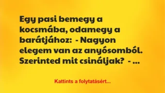 Vicc: Egy pasi bemegy a kocsmába, odamegy a barátjához: – Nagyon elegem…