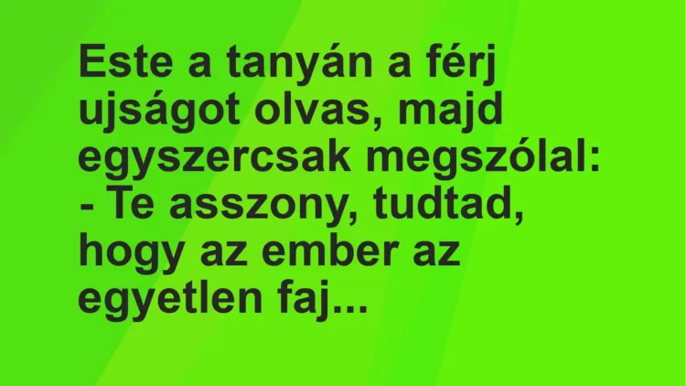 Vicc: Este a tanyán a férj ujságot olvas, majd egyszercsak megszólal: – Te…