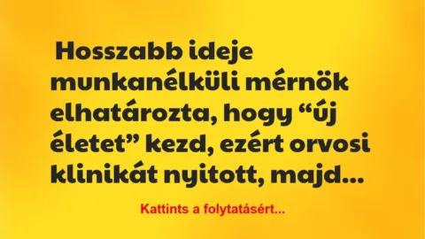 Vicc: Hosszabb ideje munkanélküli mérnök elhatározta, hogy “új életet” kezd…