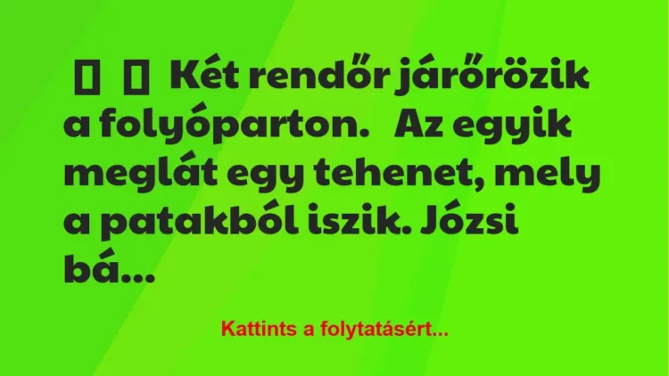 Vicc:
Két rendőr járőrözik a folyóparton.
Az egyik meglát egy… Vicc:
Két rendőr járőrözik a folyóparton.
Az egyik meglát egy…