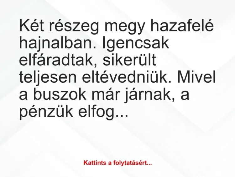 Vicc: Két részeg megy hazafelé hajnalban. Igencsak elfáradtak, sikerült teljesen… Vicc: Két részeg megy hazafelé hajnalban. Igencsak elfáradtak, sikerült teljesen…