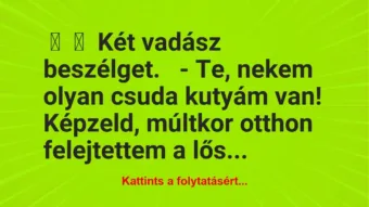 Vicc:
Két vadász beszélget.
– Te, nekem olyan csuda kutyám… Vicc:
Két vadász beszélget.
– Te, nekem olyan csuda kutyám…