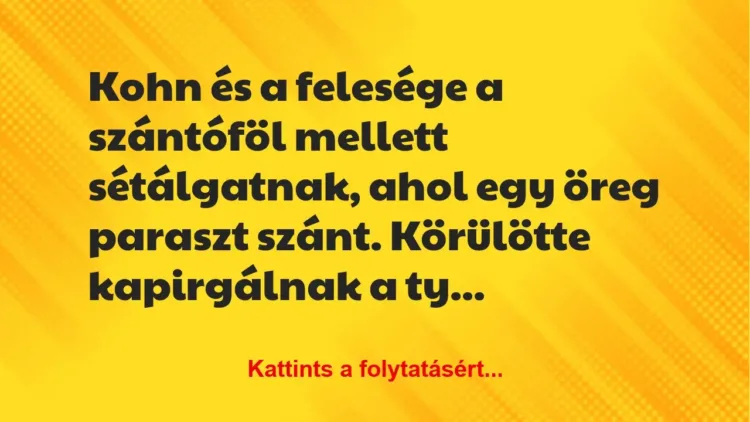 Vicc: Kohn és a felesége a szántóföl mellett sétálgatnak, ahol egy öreg paraszt szánt…. Vicc: Kohn és a felesége a szántóföl mellett sétálgatnak, ahol egy öreg paraszt szánt….