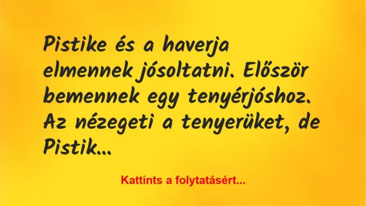Vicc: Pistike és a haverja elmennek jósoltatni. Először bemennek egy tenyérjóshoz. Az… Vicc: Pistike és a haverja elmennek jósoltatni. Először bemennek egy tenyérjóshoz. Az…