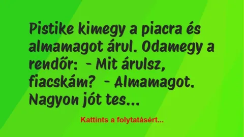 Vicc: Pistike kimegy a piacra és almamagot árul. Odamegy a rendőr:

– Mit árulsz,…