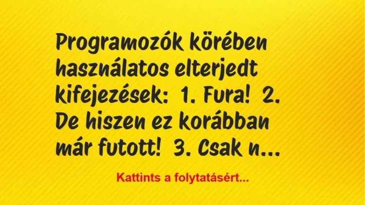 Vicc: Programozók körében használatos elterjedt kifejezések:
1. Fura!
2. De… Vicc: Programozók körében használatos elterjedt kifejezések:
1. Fura!
2. De…