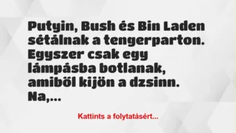 Vicc: Putyin, Bush és Bin Laden sétálnak a tengerparton. Egyszer csak egy… Vicc: Putyin, Bush és Bin Laden sétálnak a tengerparton. Egyszer csak egy…