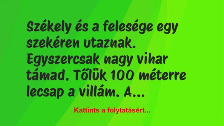 Vicc: Székely és a felesége egy szekéren utaznak.
Egyszercsak nagy vihar támad…. Vicc: Székely és a felesége egy szekéren utaznak.
Egyszercsak nagy vihar támad….
