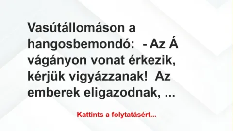 Vicc: Vasútállomáson a hangosbemondó:
– Az Á vágányon vonat érkezik,… Vicc: Vasútállomáson a hangosbemondó:
– Az Á vágányon vonat érkezik,…